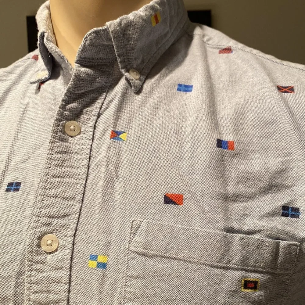J.Crew Small Slim Fit Short Sleeve Blue Oxford Button Down Flag Print